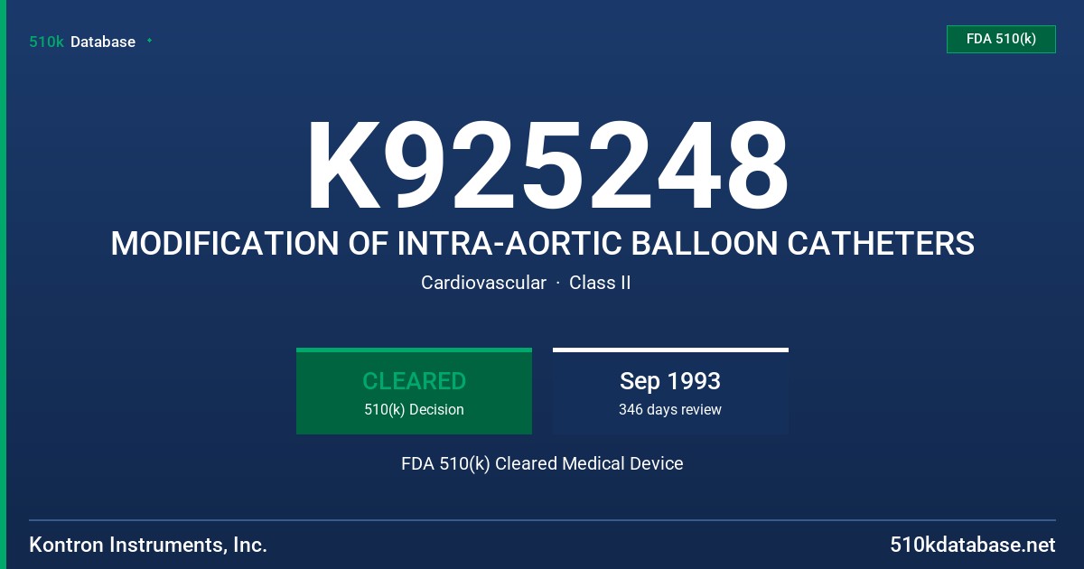 K925248 MODIFICATION OF INTRA-AORTIC BALLOON CATHETERS FDA 510(k) Cleared Medical Device