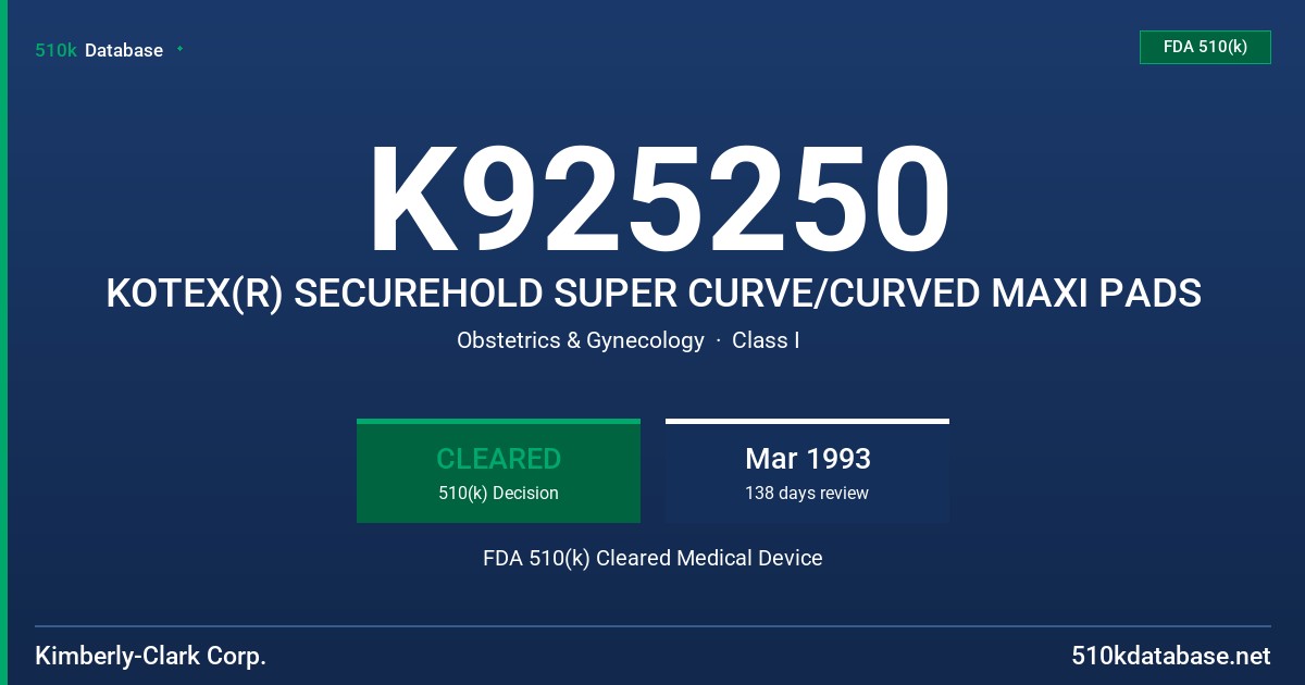 K925250 KOTEX(R) SECUREHOLD SUPER CURVE/CURVED MAXI PADS FDA 510(k) Cleared Medical Device