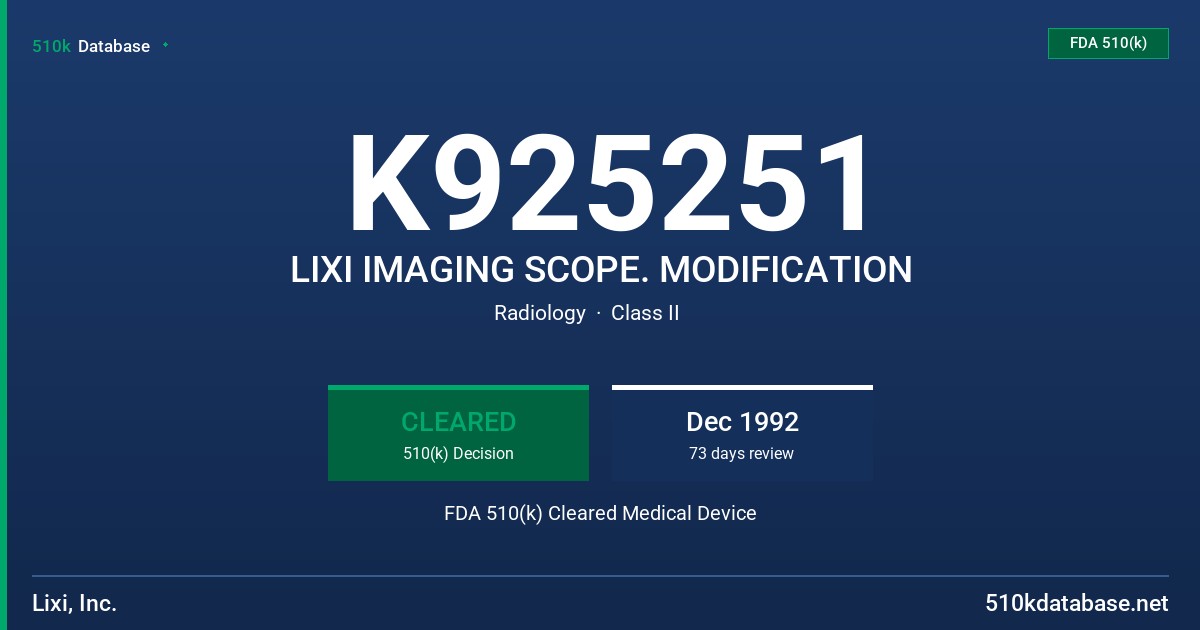 K925251 LIXI IMAGING SCOPE. MODIFICATION FDA 510(k) Cleared Medical Device