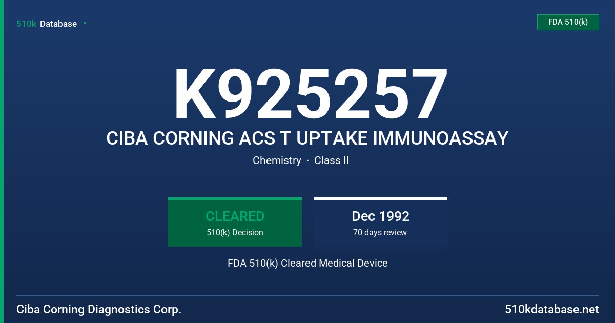 K925257 CIBA CORNING ACS T UPTAKE IMMUNOASSAY FDA 510(k) Cleared Medical Device