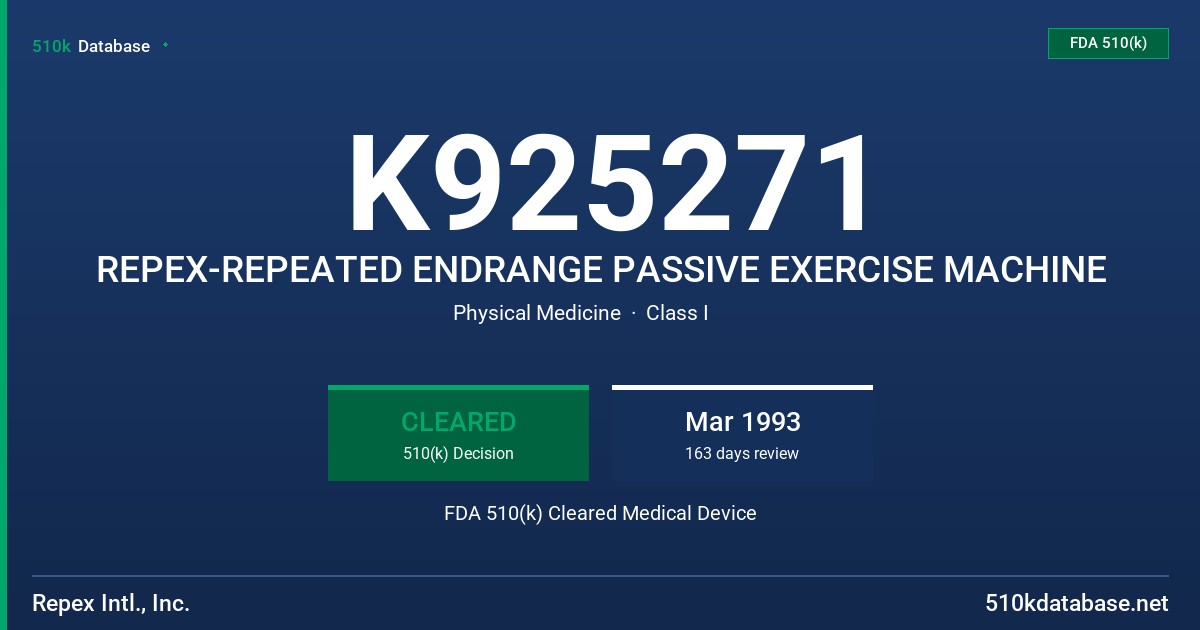 K925271 REPEX-REPEATED ENDRANGE PASSIVE EXERCISE MACHINE FDA 510(k) Cleared Medical Device