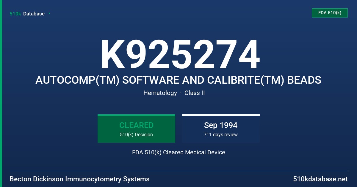 K925274 AUTOCOMP(TM) SOFTWARE AND CALIBRITE(TM) BEADS FDA 510(k) Cleared Medical Device