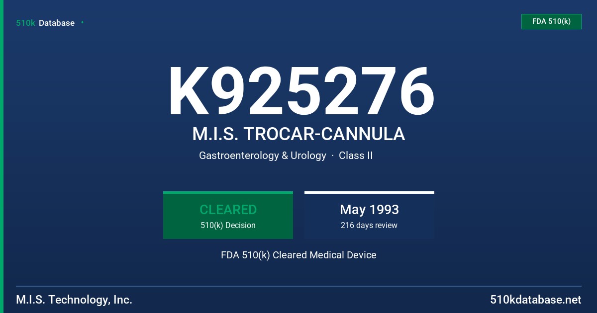 K925276 M.I.S. TROCAR-CANNULA FDA 510(k) Cleared Medical Device