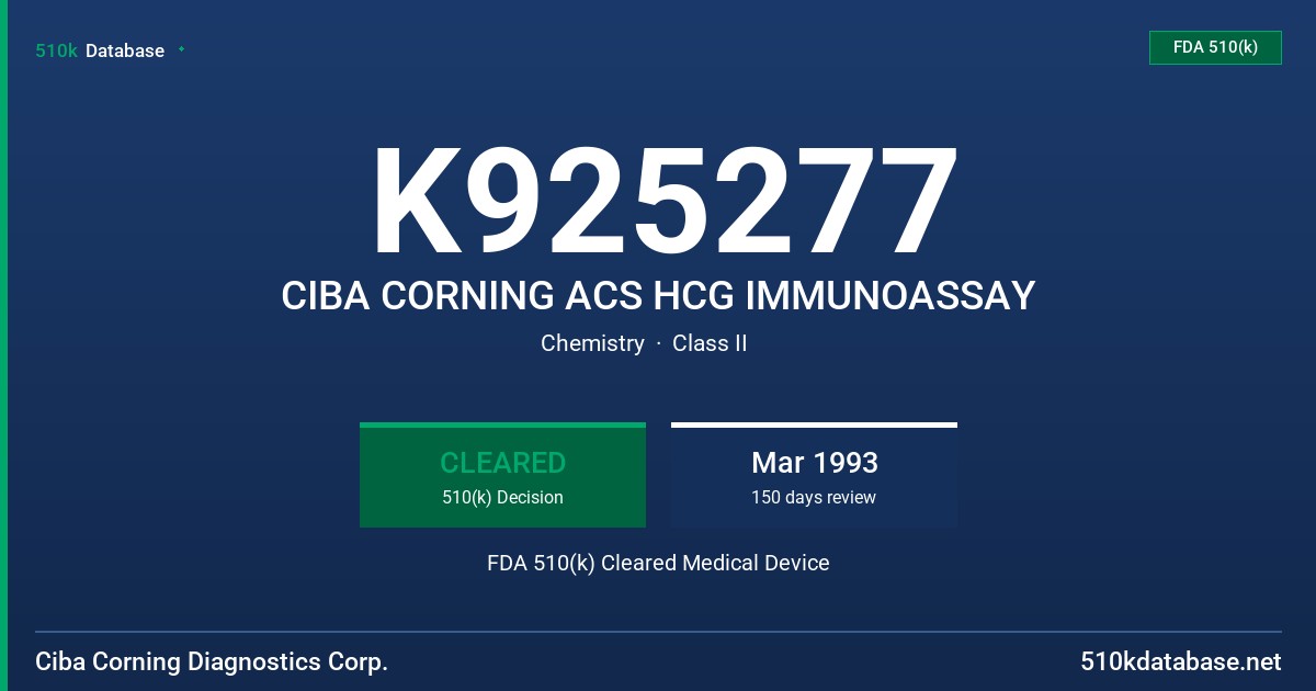 K925277 CIBA CORNING ACS HCG IMMUNOASSAY FDA 510(k) Cleared Medical Device