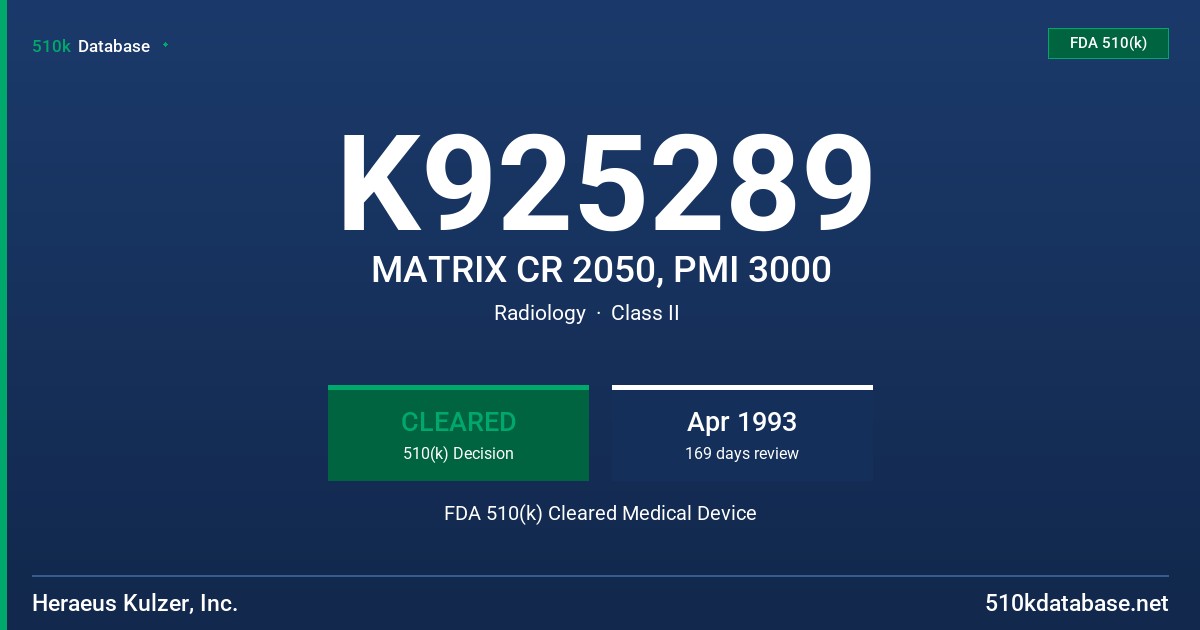 K925289 MATRIX CR 2050, PMI 3000 FDA 510(k) Cleared Medical Device