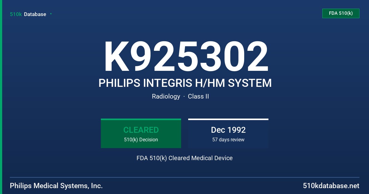 K925302 PHILIPS INTEGRIS H/HM SYSTEM FDA 510(k) Cleared Medical Device