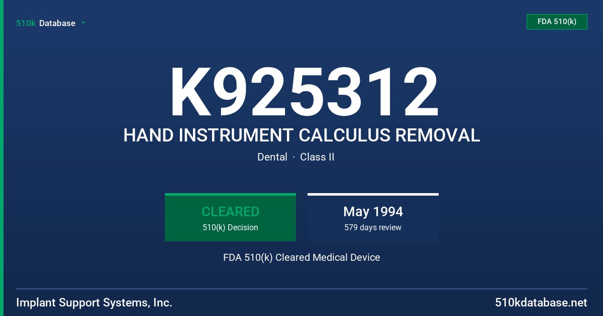 K925312 HAND INSTRUMENT CALCULUS REMOVAL FDA 510(k) Cleared Medical Device
