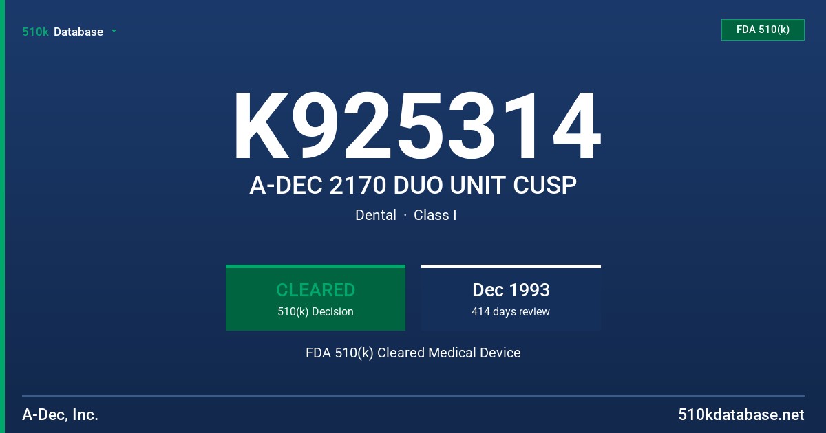 K925314 A-DEC 2170 DUO UNIT CUSP FDA 510(k) Cleared Medical Device