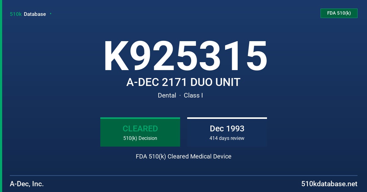 K925315 A-DEC 2171 DUO UNIT FDA 510(k) Cleared Medical Device