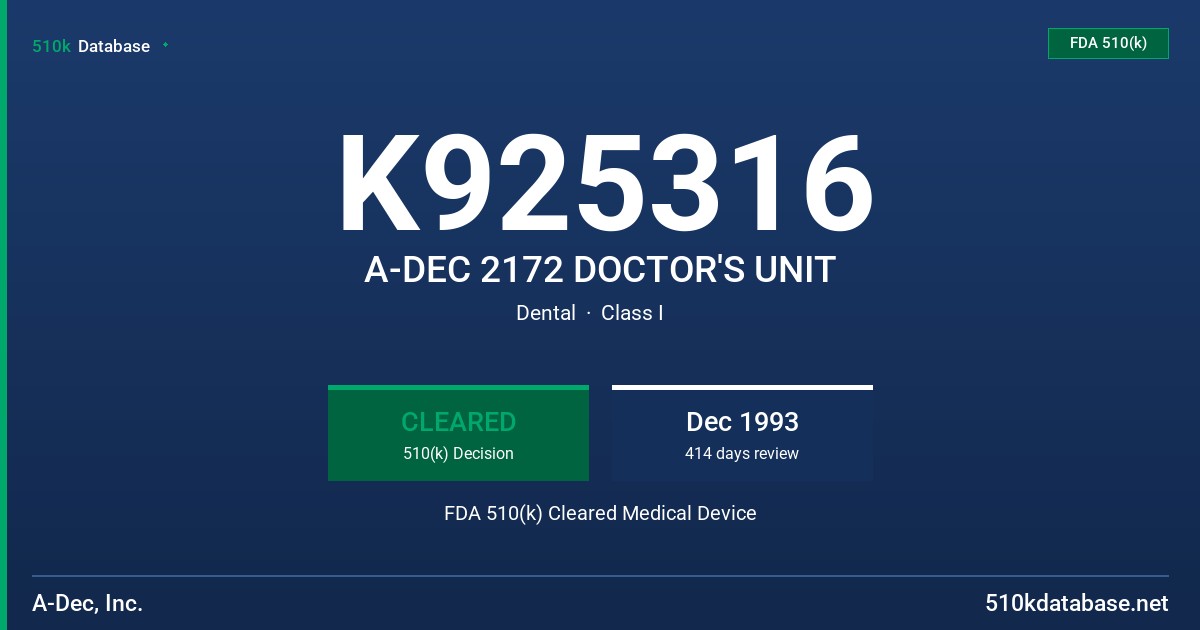 K925316 A-DEC 2172 DOCTOR'S UNIT FDA 510(k) Cleared Medical Device