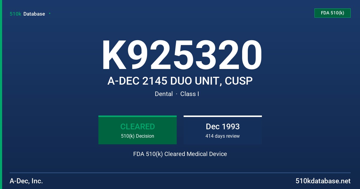 K925320 A-DEC 2145 DUO UNIT, CUSP FDA 510(k) Cleared Medical Device