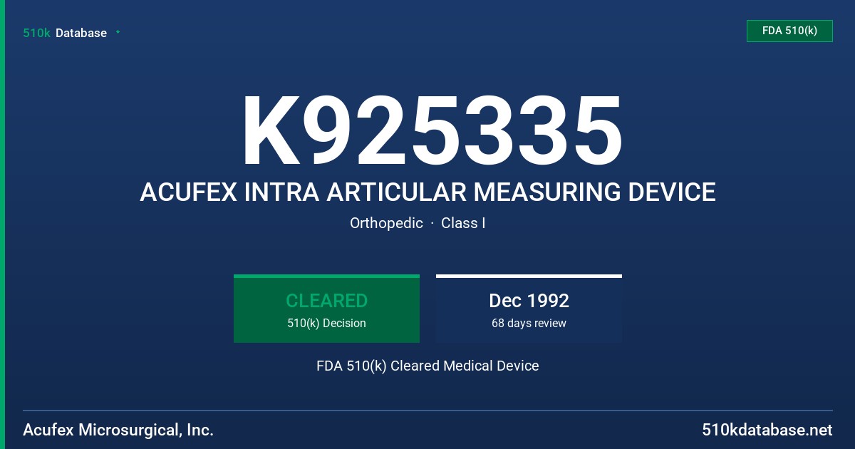 K925335 ACUFEX INTRA ARTICULAR MEASURING DEVICE FDA 510(k) Cleared Medical Device