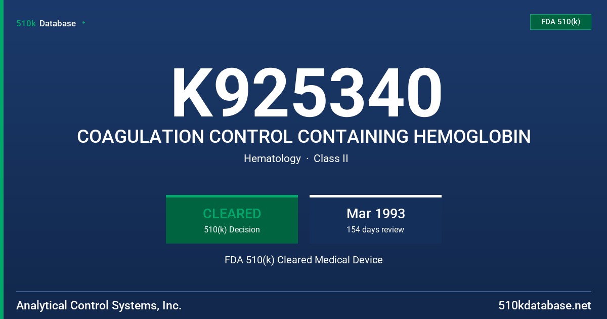 K925340 COAGULATION CONTROL CONTAINING HEMOGLOBIN FDA 510(k) Cleared Medical Device