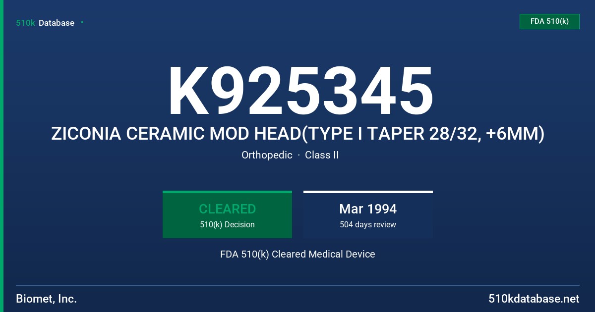 K925345 ZICONIA CERAMIC MOD HEAD(TYPE I TAPER 28/32, +6MM) FDA 510(k) Cleared Medical Device