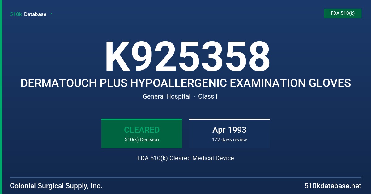 K925358 DERMATOUCH PLUS HYPOALLERGENIC EXAMINATION GLOVES FDA 510(k) Cleared Medical Device