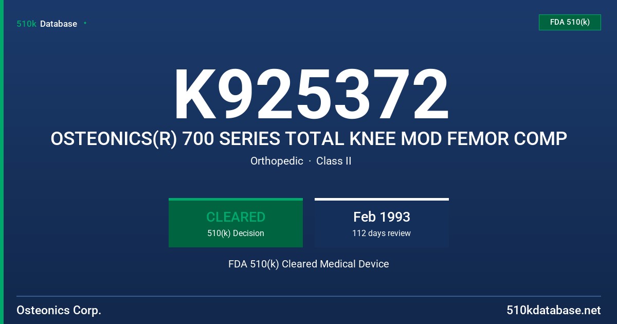 K925372 OSTEONICS(R) 700 SERIES TOTAL KNEE MOD FEMOR COMP FDA 510(k) Cleared Medical Device