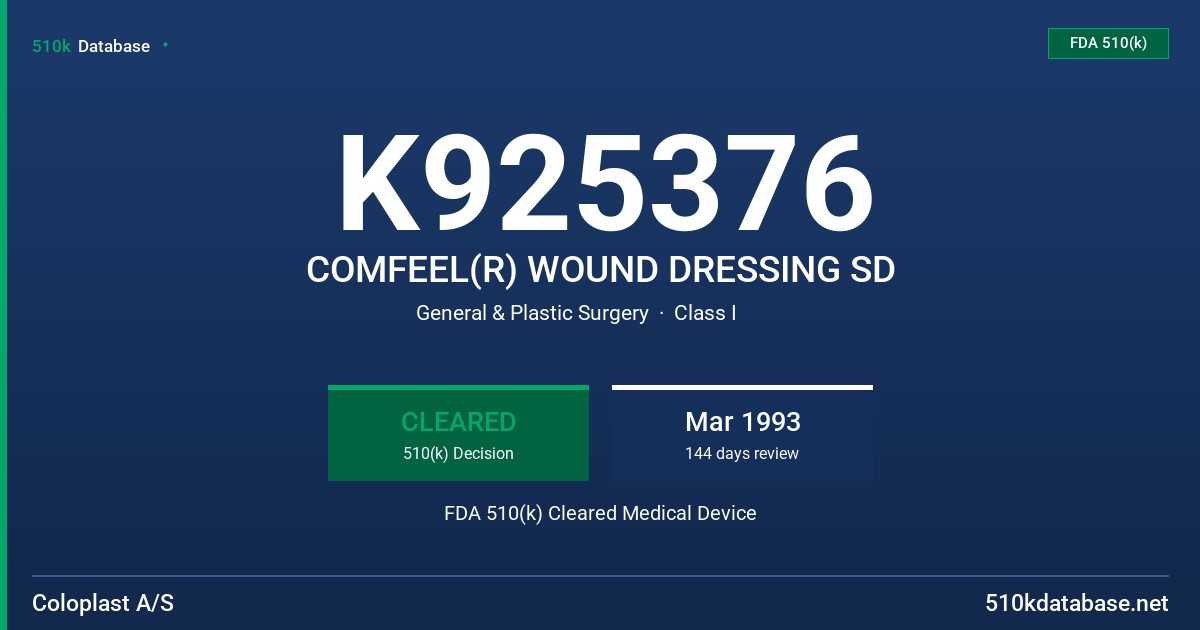 K925376 COMFEEL(R) WOUND DRESSING SD FDA 510(k) Cleared Medical Device