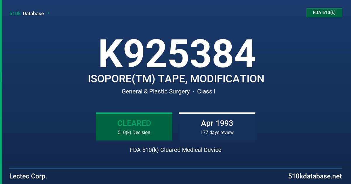 K925384 ISOPORE(TM) TAPE, MODIFICATION FDA 510(k) Cleared Medical Device