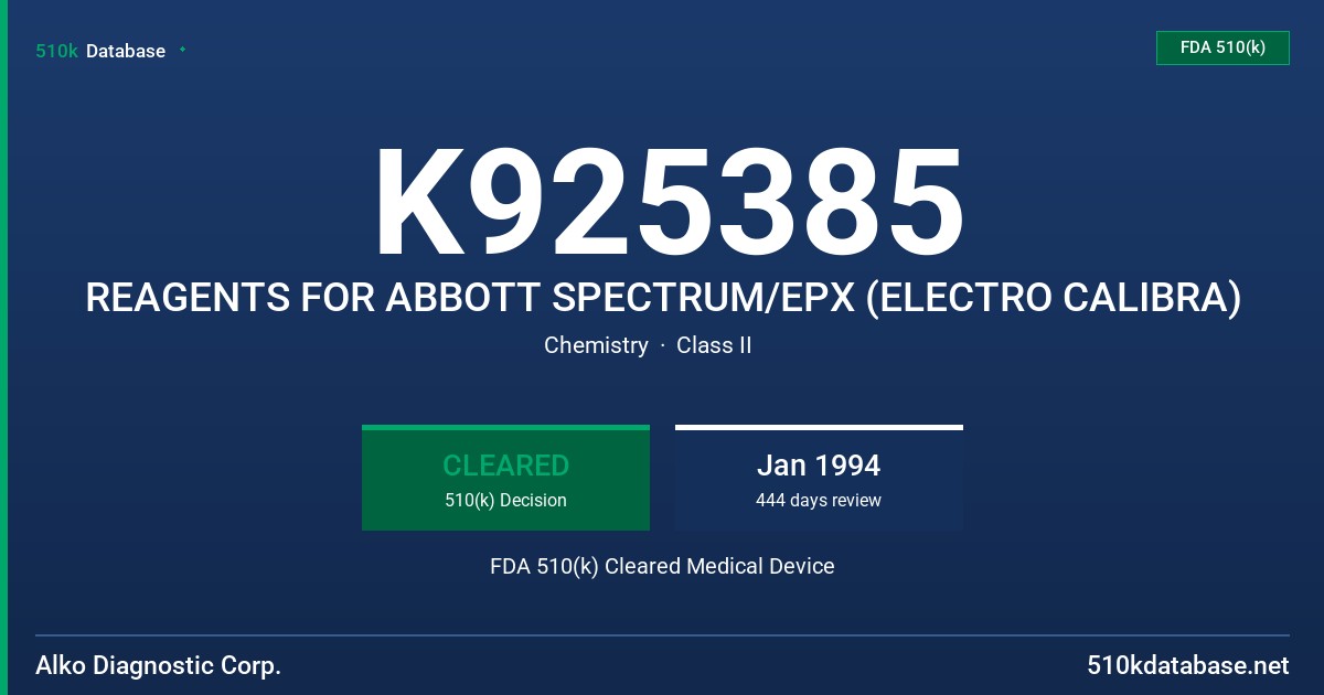 K925385 REAGENTS FOR ABBOTT SPECTRUM/EPX (ELECTRO CALIBRA) FDA 510(k) Cleared Medical Device
