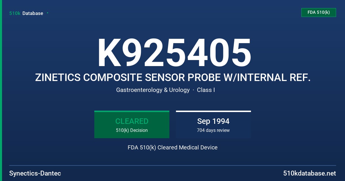 K925405 ZINETICS COMPOSITE SENSOR PROBE W/INTERNAL REF. FDA 510(k) Cleared Medical Device