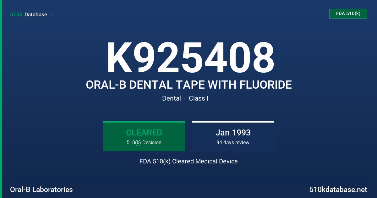 K925408 ORAL-B DENTAL TAPE WITH FLUORIDE FDA 510(k) Cleared Medical Device
