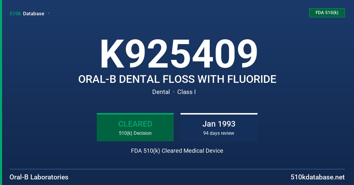 K925409 ORAL-B DENTAL FLOSS WITH FLUORIDE FDA 510(k) Cleared Medical Device