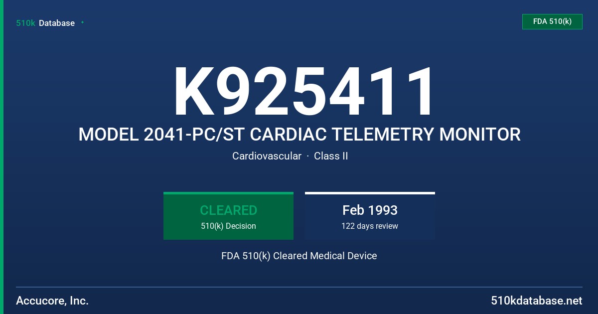 K925411 MODEL 2041-PC/ST CARDIAC TELEMETRY MONITOR FDA 510(k) Cleared Medical Device