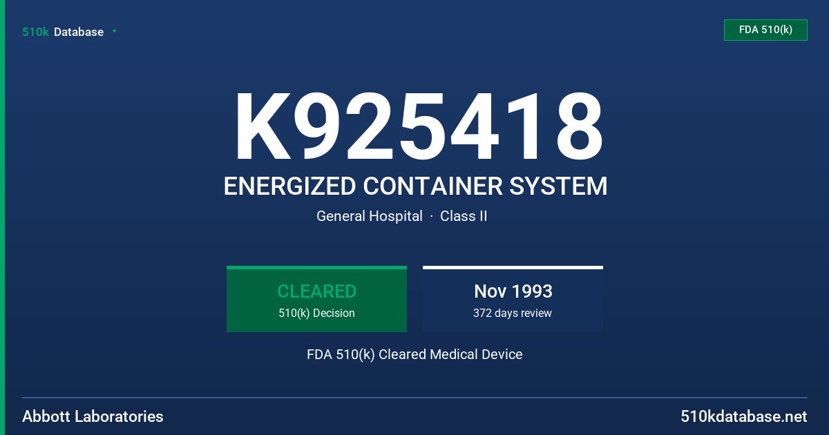 K925418 ENERGIZED CONTAINER SYSTEM FDA 510(k) Cleared Medical Device