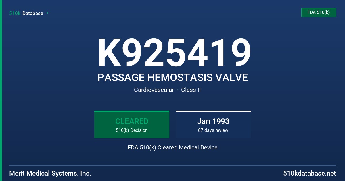 K925419 PASSAGE HEMOSTASIS VALVE FDA 510(k) Cleared Medical Device
