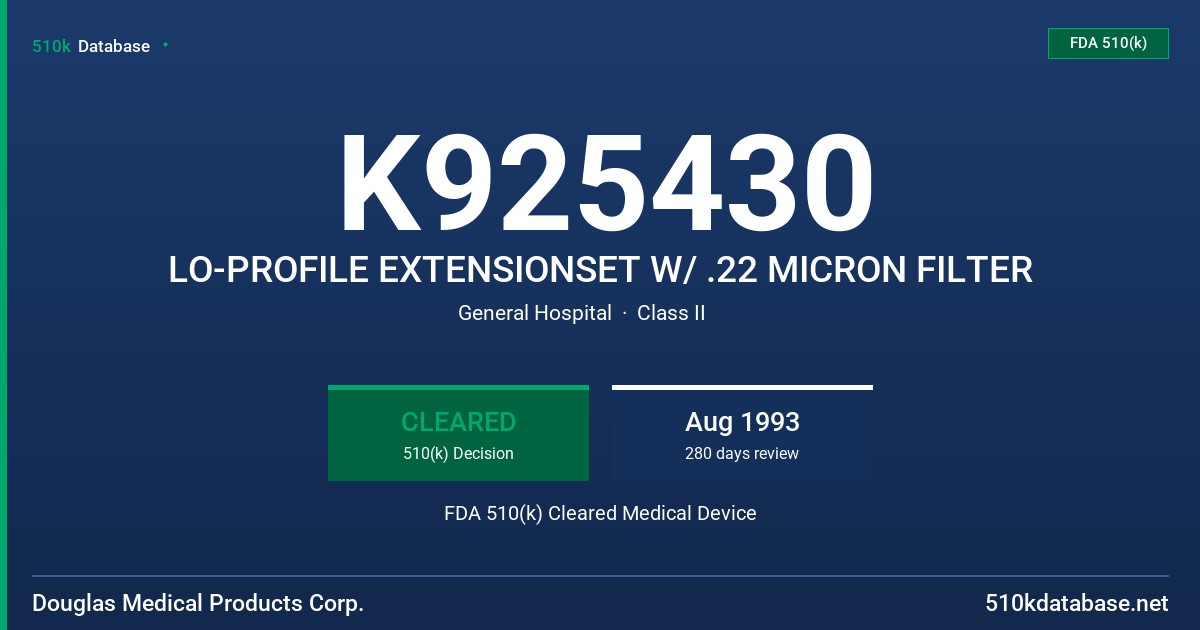 K925430 LO-PROFILE EXTENSIONSET W/ .22 MICRON FILTER FDA 510(k) Cleared Medical Device