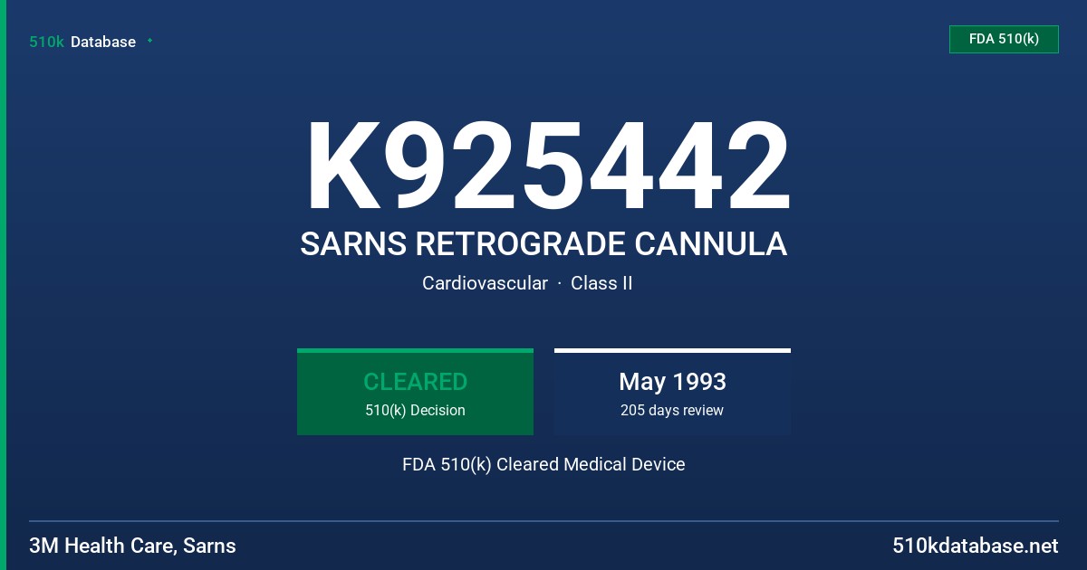 K925442 SARNS RETROGRADE CANNULA FDA 510(k) Cleared Medical Device