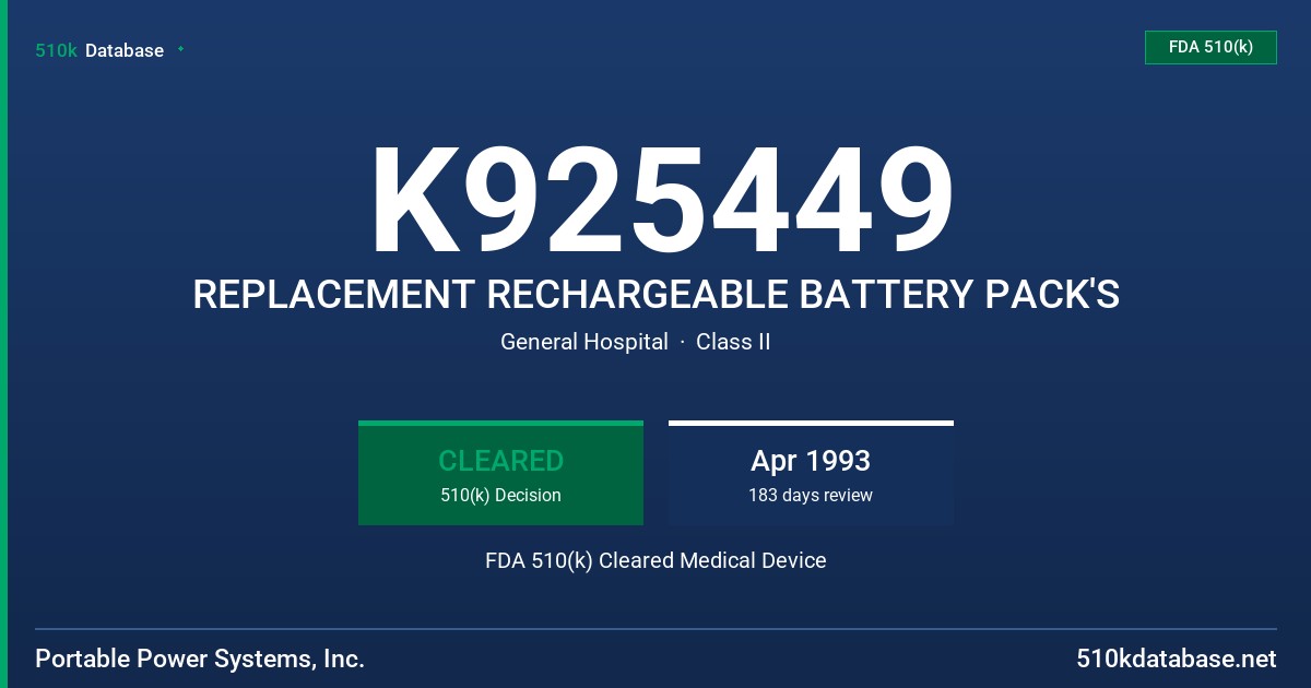 K925449 REPLACEMENT RECHARGEABLE BATTERY PACK'S FDA 510(k) Cleared Medical Device