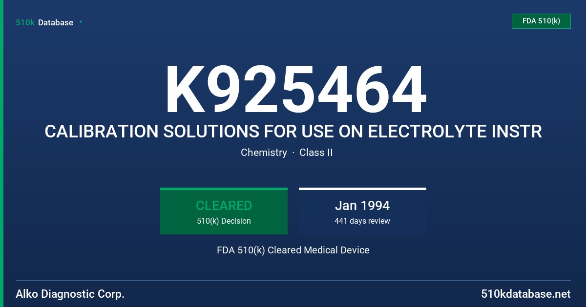 K925464 CALIBRATION SOLUTIONS FOR USE ON ELECTROLYTE INSTR FDA 510(k) Cleared Medical Device