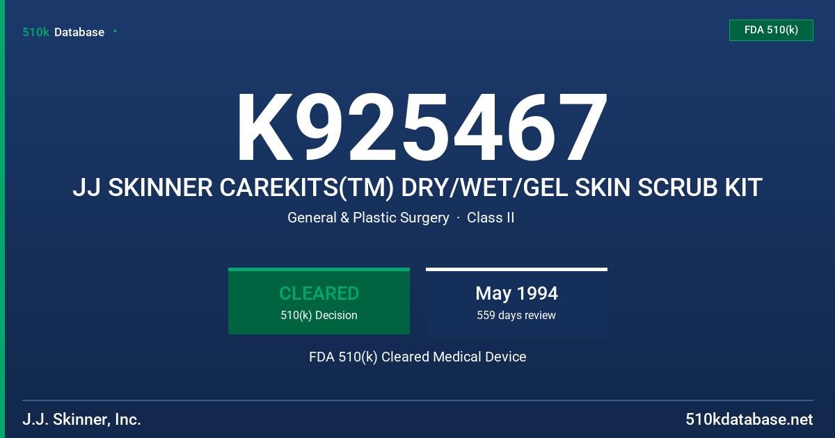 K925467 JJ SKINNER CAREKITS(TM) DRY/WET/GEL SKIN SCRUB KIT FDA 510(k) Cleared Medical Device
