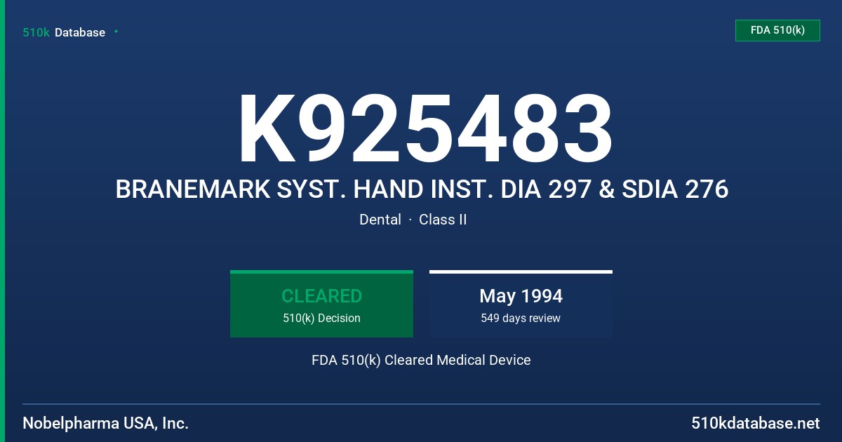 K925483 BRANEMARK SYST. HAND INST. DIA 297 & SDIA 276 FDA 510(k) Cleared Medical Device
