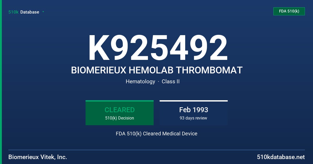 K925492 BIOMERIEUX HEMOLAB THROMBOMAT FDA 510(k) Cleared Medical Device