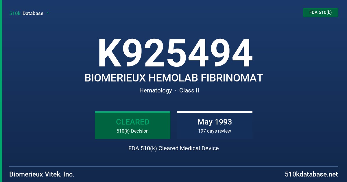 K925494 BIOMERIEUX HEMOLAB FIBRINOMAT FDA 510(k) Cleared Medical Device