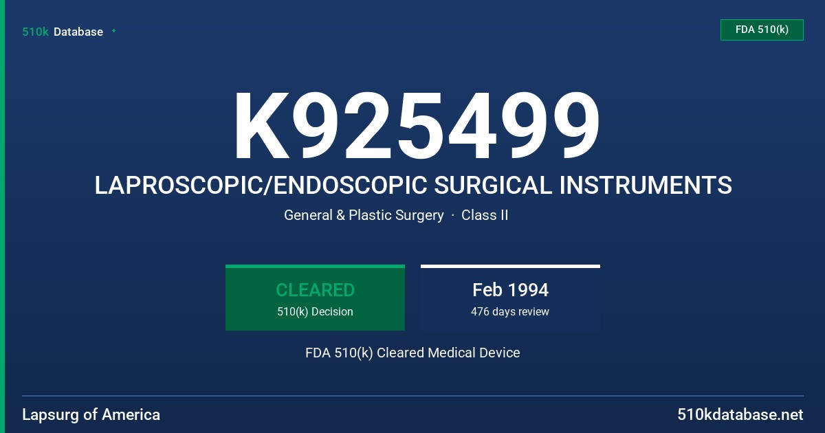 K925499 LAPROSCOPIC/ENDOSCOPIC SURGICAL INSTRUMENTS FDA 510(k) Cleared Medical Device