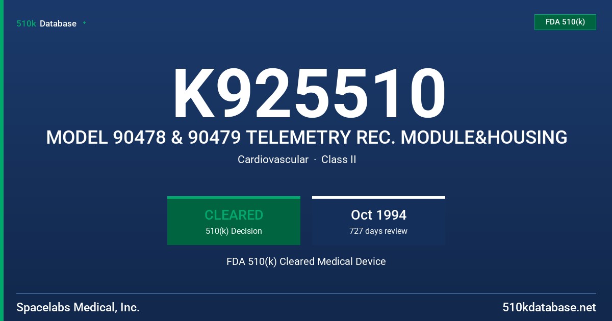 K925510 MODEL 90478 & 90479 TELEMETRY REC. MODULE&HOUSING FDA 510(k) Cleared Medical Device