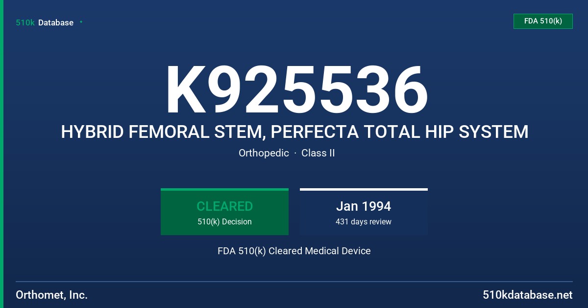 K925536 HYBRID FEMORAL STEM, PERFECTA TOTAL HIP SYSTEM FDA 510(k) Cleared Medical Device