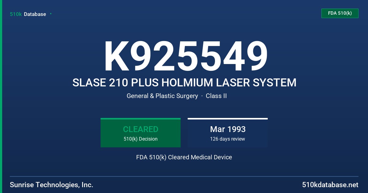 K925549 SLASE 210 PLUS HOLMIUM LASER SYSTEM FDA 510(k) Cleared Medical Device