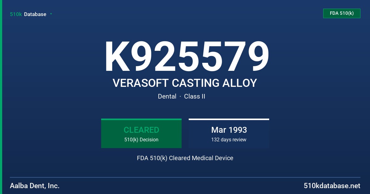 K925579 VERASOFT CASTING ALLOY FDA 510(k) Cleared Medical Device