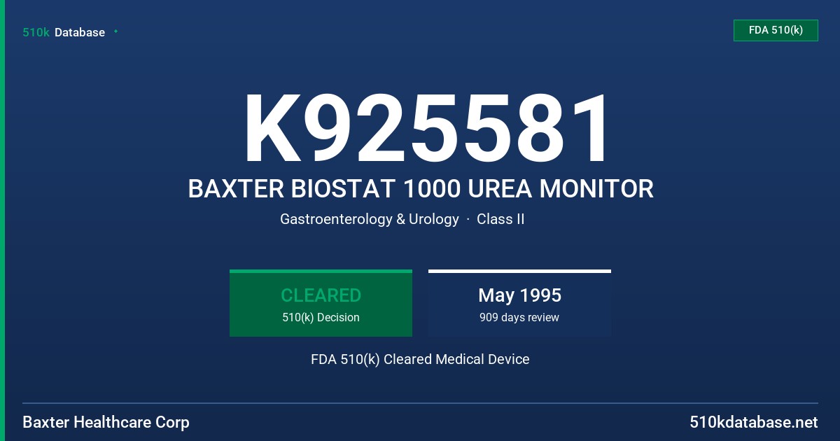 K925581 BAXTER BIOSTAT 1000 UREA MONITOR FDA 510(k) Cleared Medical Device