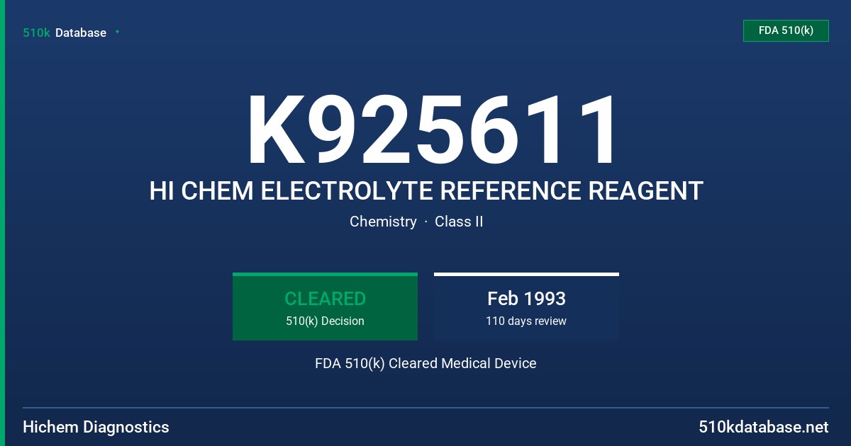 K925611 HI CHEM ELECTROLYTE REFERENCE REAGENT FDA 510(k) Cleared Medical Device