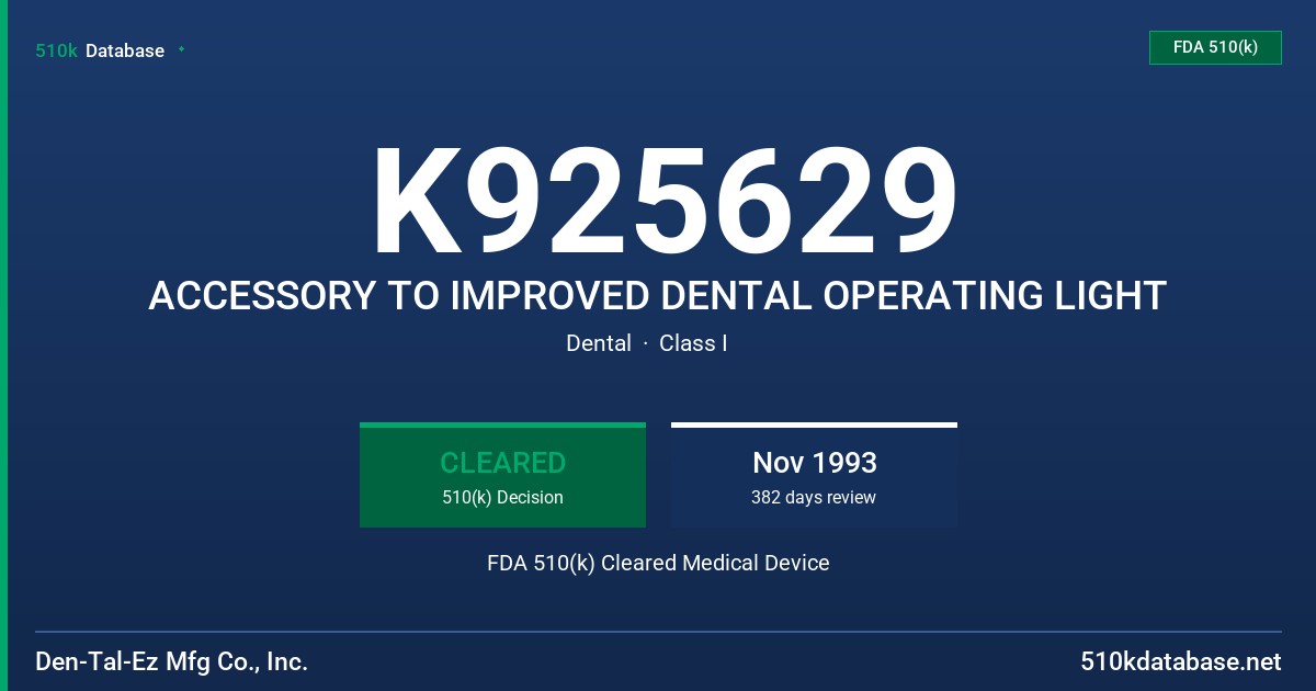 K925629 ACCESSORY TO IMPROVED DENTAL OPERATING LIGHT FDA 510(k) Cleared Medical Device