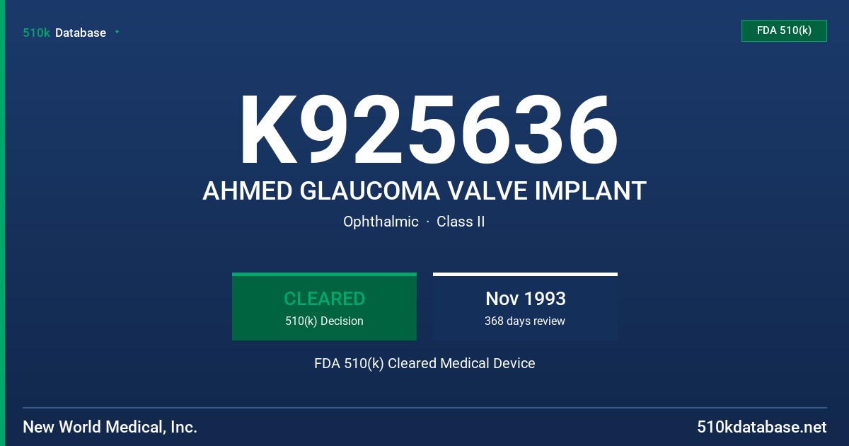 K925636 AHMED GLAUCOMA VALVE IMPLANT FDA 510(k) Cleared Medical Device