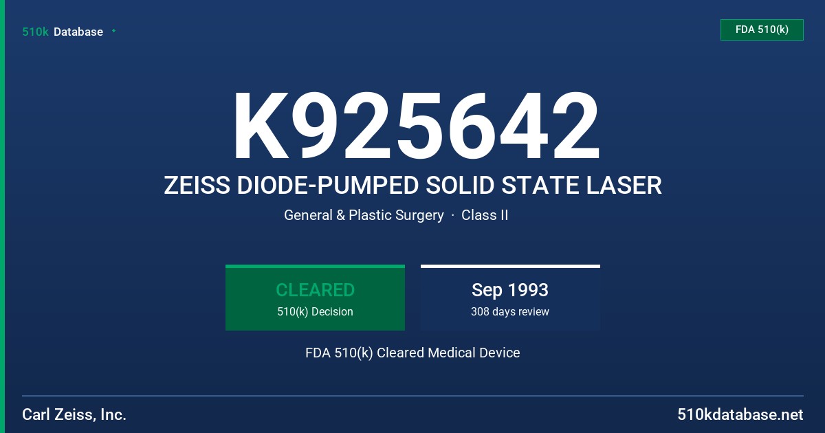 K925642 ZEISS DIODE-PUMPED SOLID STATE LASER FDA 510(k) Cleared Medical Device