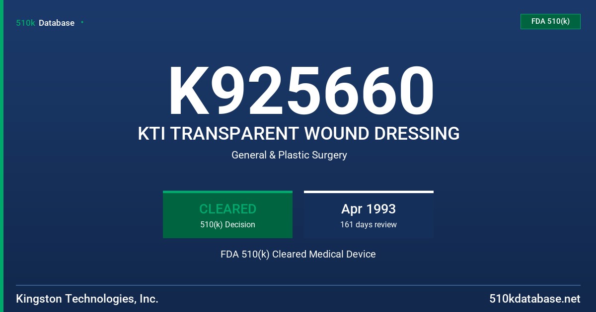 K925660 KTI TRANSPARENT WOUND DRESSING FDA 510(k) Cleared Medical Device