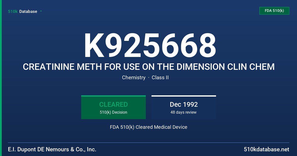 K925668 CREATININE METH FOR USE ON THE DIMENSION CLIN CHEM FDA 510(k) Cleared Medical Device