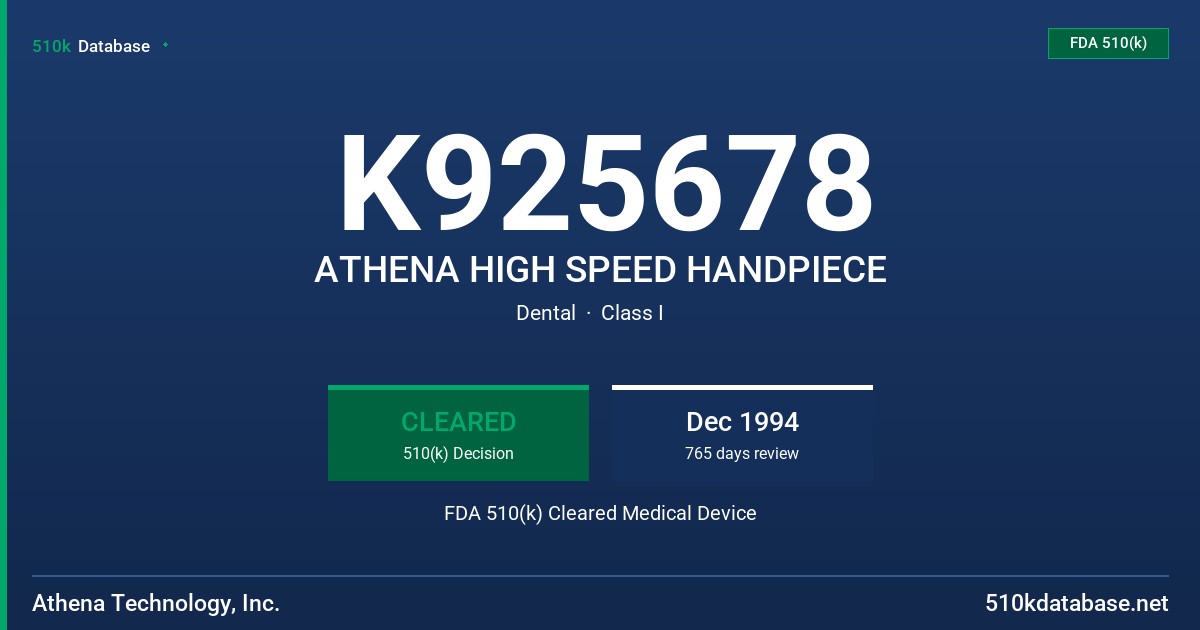 K925678 ATHENA HIGH SPEED HANDPIECE FDA 510(k) Cleared Medical Device